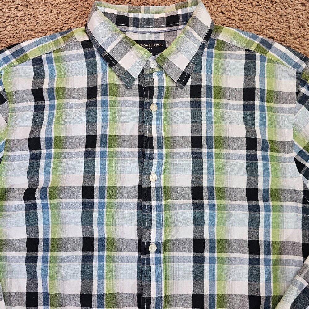 Banana Republic Button Up Shirt Mens XL Green Plaid Long Sleeve Cotton - Picture 3 of 8